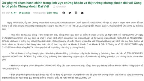 Chứng khoán Đại Việt bị xử phạt 435 triệu đồng
