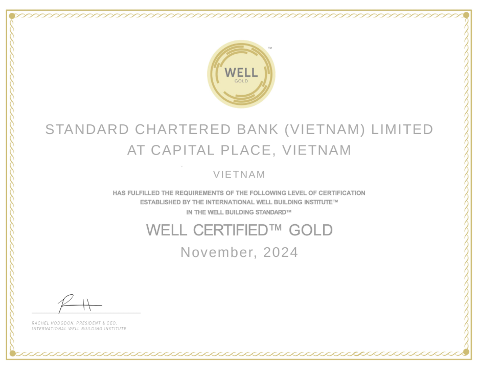 Ngân hàng Standard Chartered Việt Nam được trao chứng nhận WELL Gold