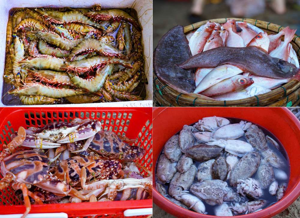 Cá, tôm, mực tươi được phân loại, cân bán ngay tại khu vực chợ nổi. Ảnh: Đông Giang