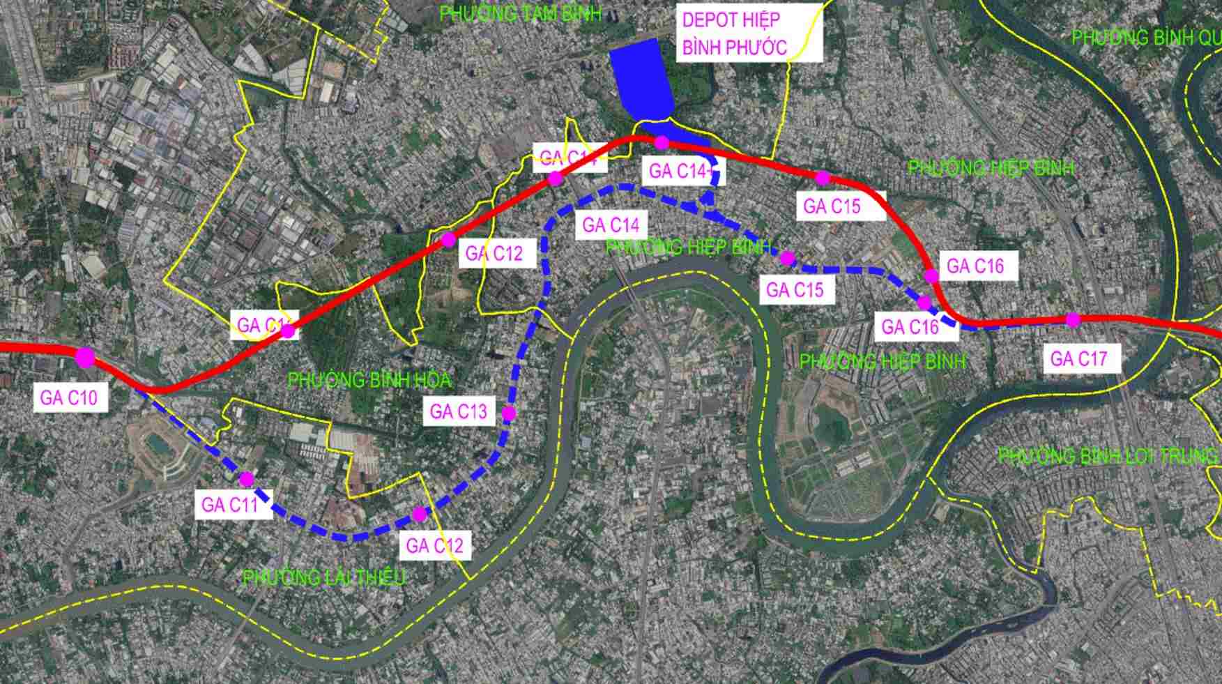 Đoạn Metro Thủ Dầu Một - TPHCM sẽ đi theo đường màu đỏ thay vì đi dọc Quốc lộ 13 (đường màu xanh).  Ảnh: MAUR