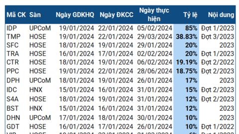 Tuần từ 15-19/01: Xuất hiện doanh nghiệp mạnh tay chi cổ tức 85%