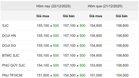 Ngày 22/12: Giá vàng trong nước tăng 500.000 đồng/lượng