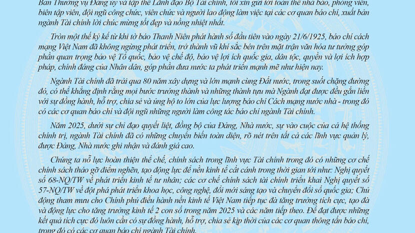 Bộ trưởng Bộ Tài chính Nguyễn Văn Thắng gửi Thư chúc mừng Ngày Báo chí Cách mạng Việt Nam