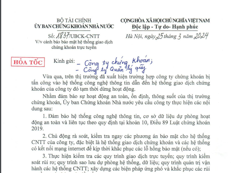 Ngay trong đêm muộn 25/3, UBCKNN phát đi công văn hỏa tốc cảnh báo bảo mật hệ thống giao dịch chứng khoán trực tuyến.