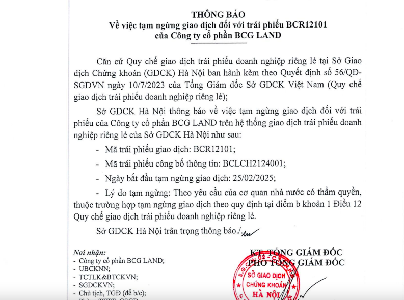 HNX thông báo tạm dựng giao dịch trái phiếu của BCR12101 của BCG Land.