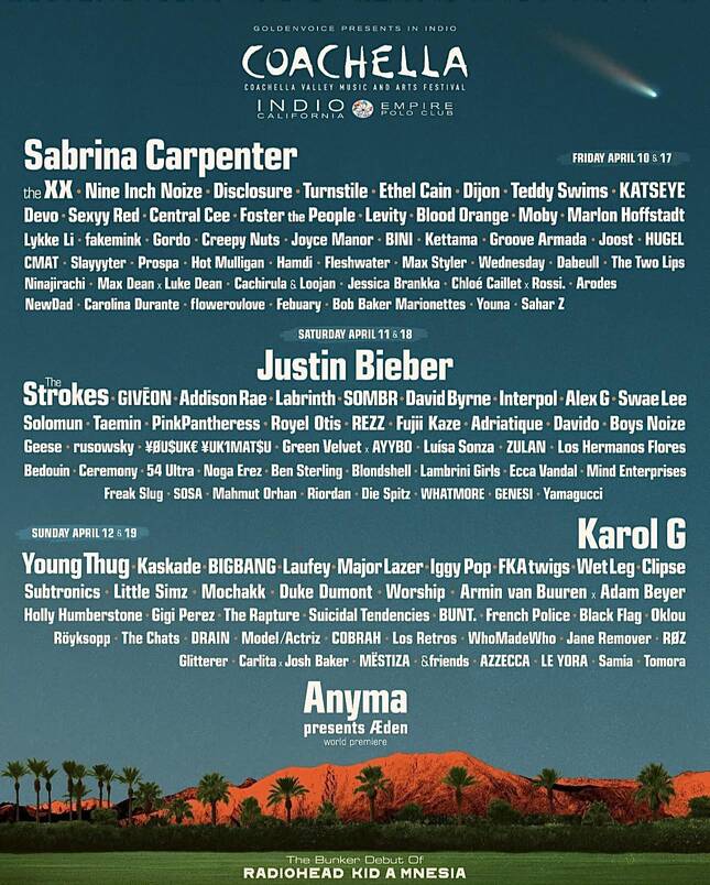 Dàn nghệ sĩ sẽ biểu diễn ở Coachella 2026. Ảnh: Coachella