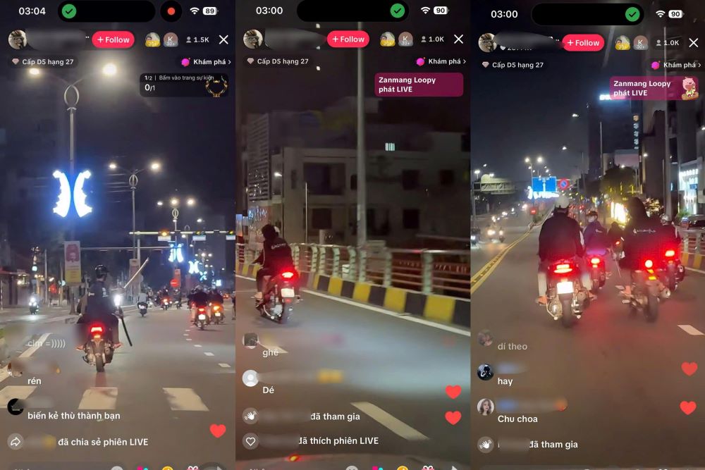 Các tài khoản tiktok livestream các thanh niên tụ tập, chạy xe tốc độ cao, cầm theo hung khí tại đường 2.9 rạng sáng 22.9 nhận được hàng trăm đến hàng nghìn lượt xem. Ảnh: Trần Thi